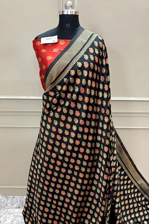 Black and Red Resham Zari Silky Banarasi Saree