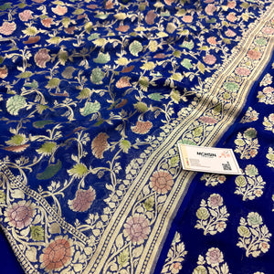 Blue Hand Brush Handloom Georgette Silk Banarasi Suit