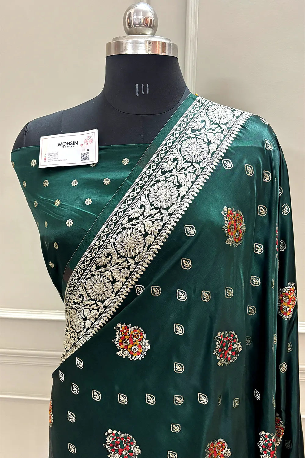 Bottle Green Pangi Buti Katan Silk Banarasi Saree
