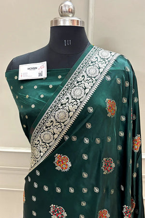 Bottle Green Pangi Buti Katan Silk Banarasi Saree