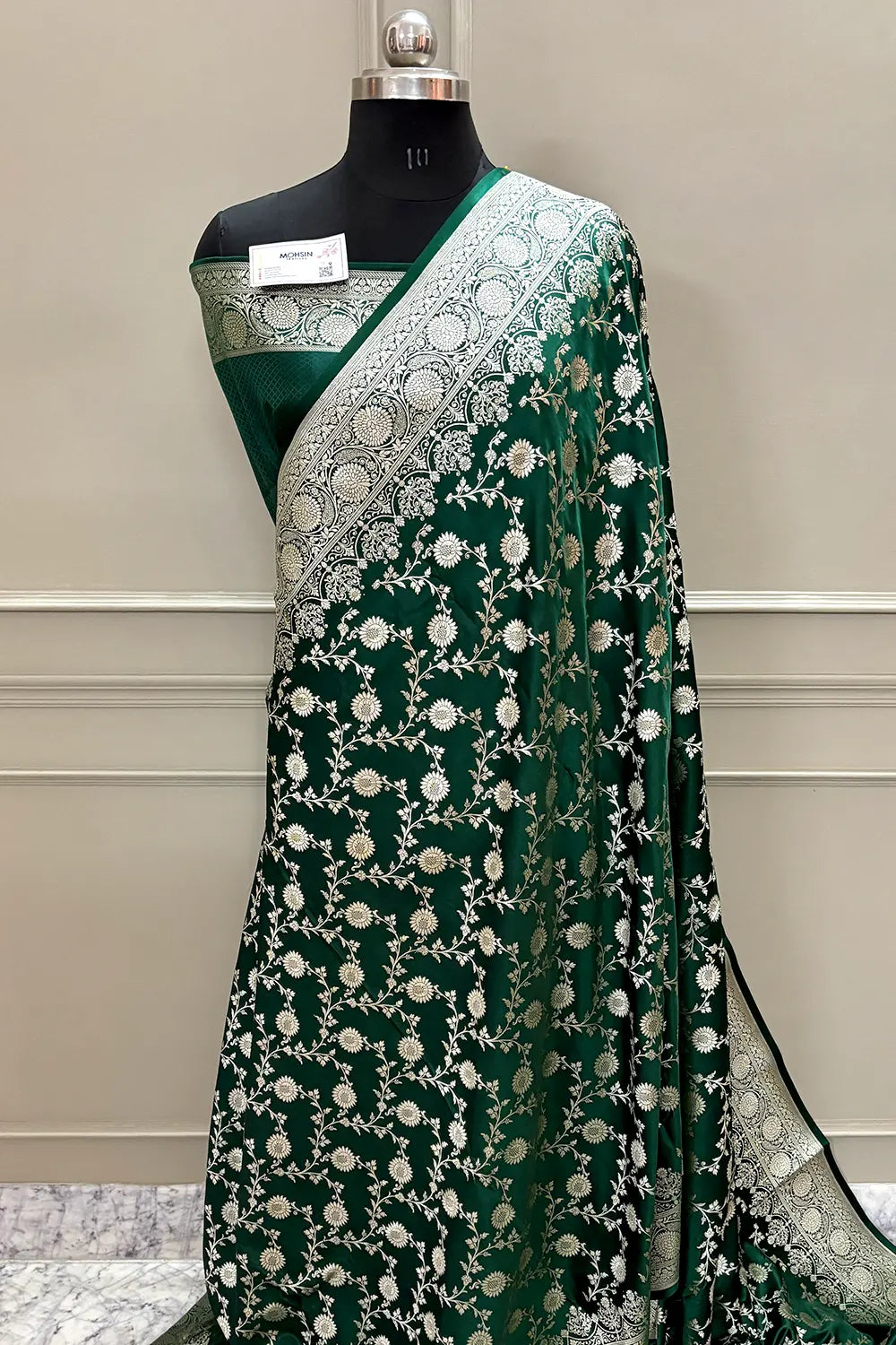 Bottle Green Surajmukhi Jaal Katan Silk Banarasi Saree