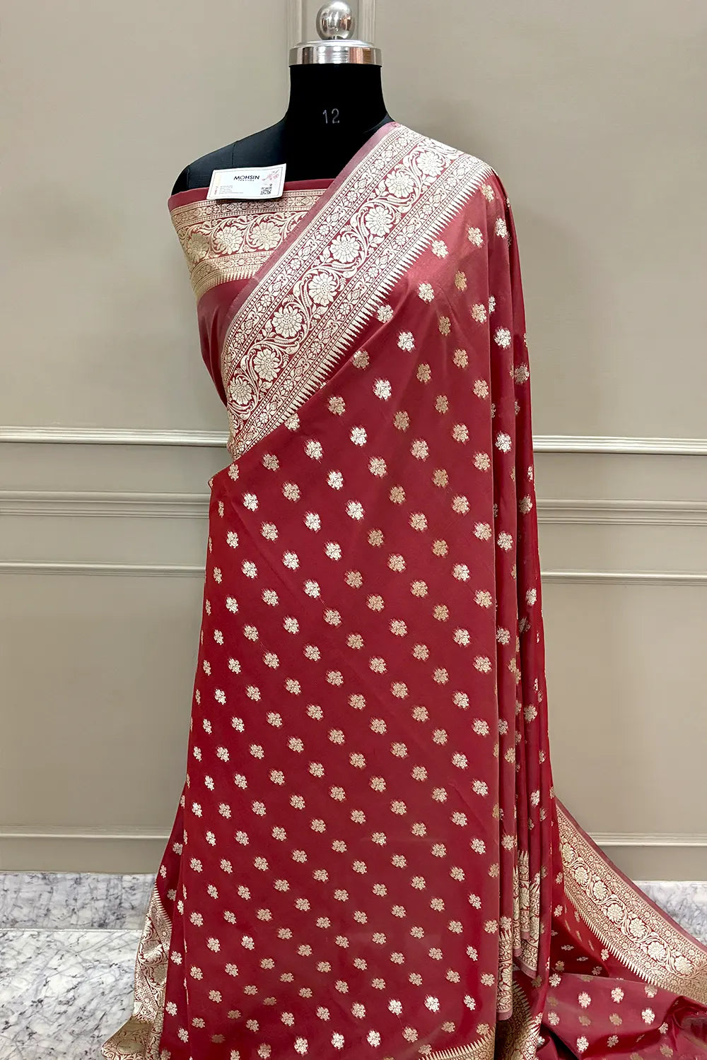 Dusty Wine Golden Zari Crepe Silk Banarasi Saree