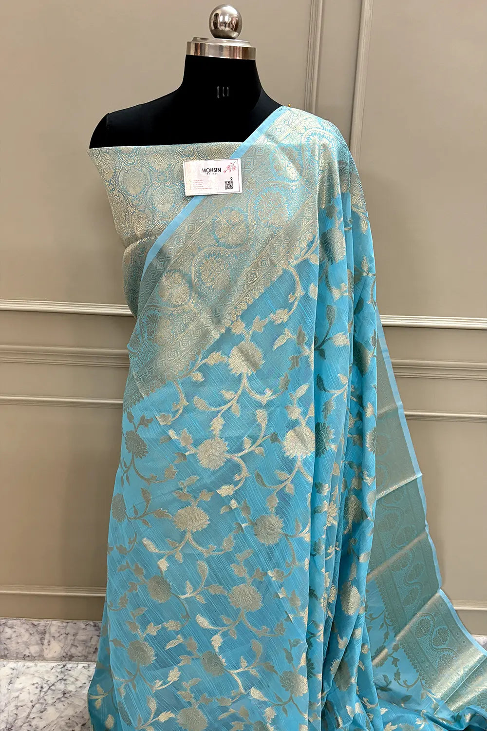 Firozi Lotus Jaal Chanderi Silk Banarasi Saree