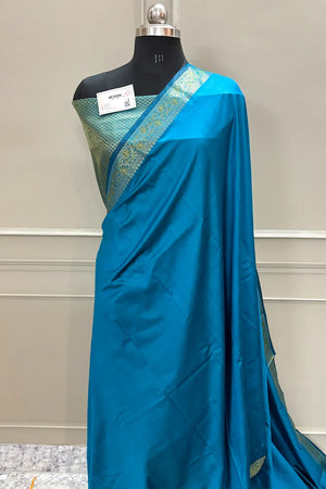 Firozi Plain Golden Zari Silky Banarasi Saree