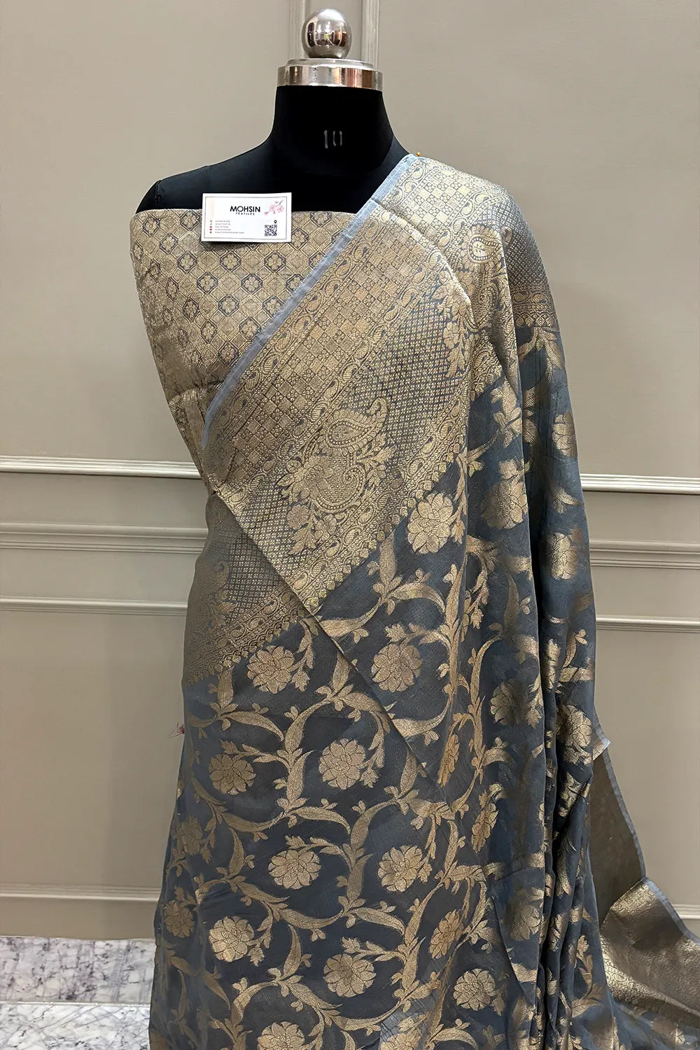 Grey Shahi Jaal Chanderi Silk Banarasi Saree