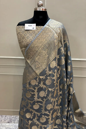 Grey Shahi Jaal Chanderi Silk Banarasi Saree