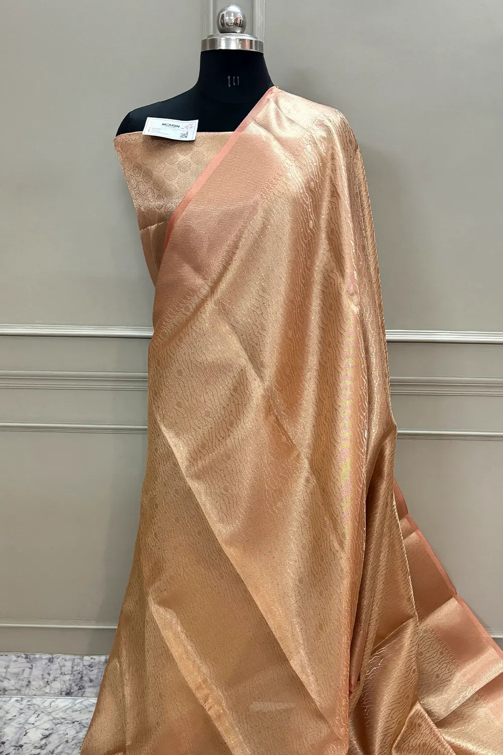 Light Peach Golden Zari Tissue Silk Banarasi Saree