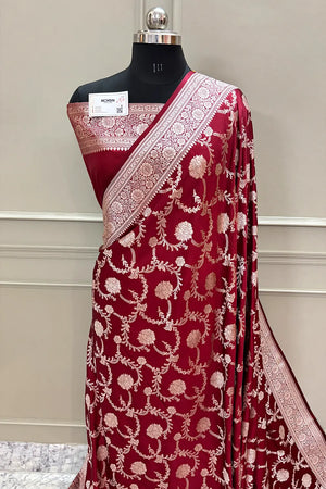 Maroon Laabela Jaal Katan Silk Banarasi Saree