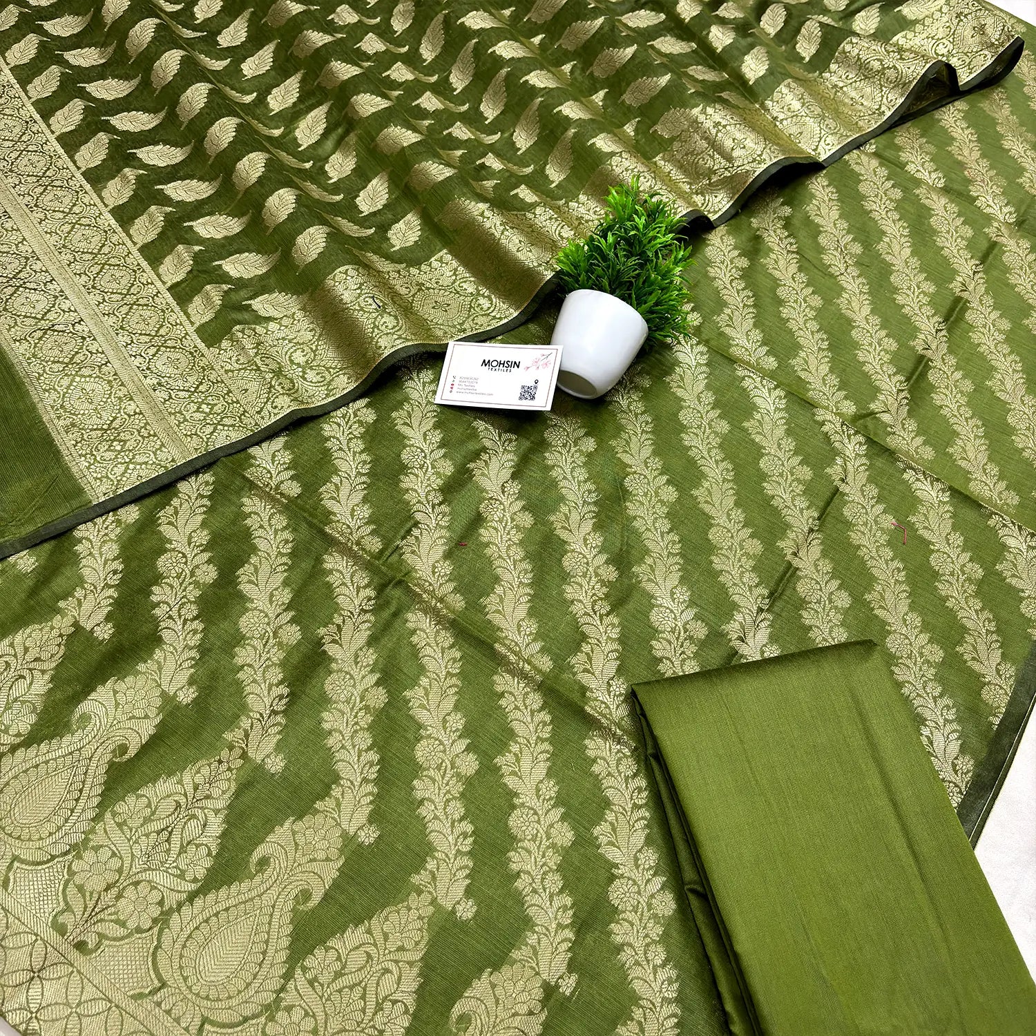 Mehendi Golden Zari Banarasi Silk Suit