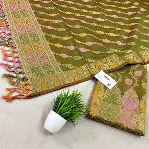 Mehendi Sindhuri Phool Resham Silk Banarasi Suit