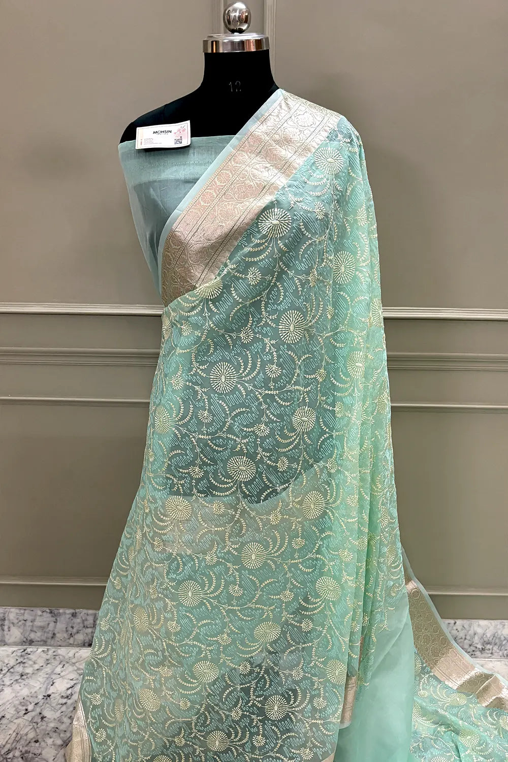 Mint Green Embroidery Organza Silk Banarasi Saree