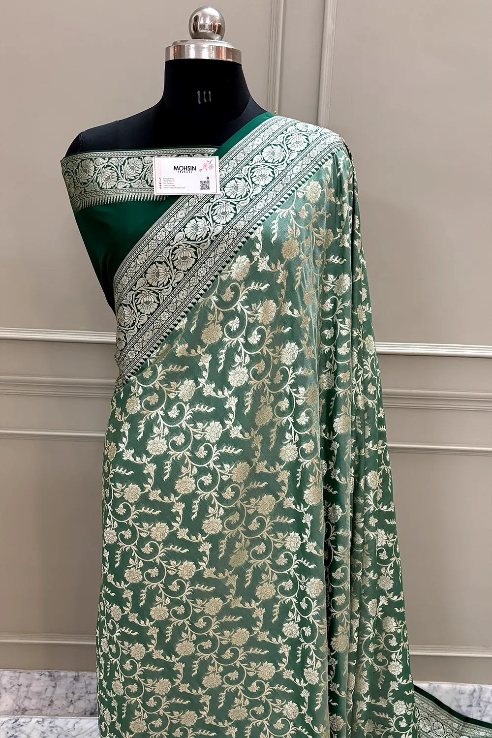 Mint and Bottle Green Gulabi Jaal Katan Silk Banarasi Saree