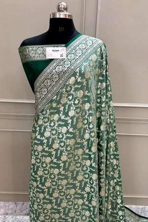 Mint and Bottle Green Gulabi Jaal Katan Silk Banarasi Saree