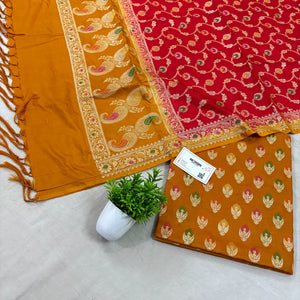Mustard and Red Golden Zari Katan Silk Banarasi Suit