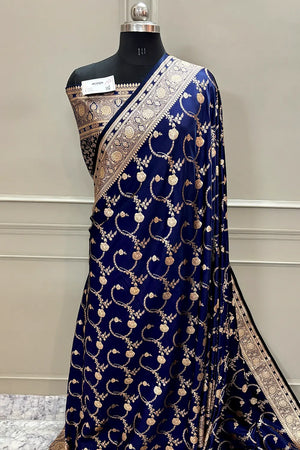 Navy Blue Kanchan Bel Katan Silk Banarasi Saree