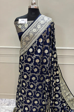 Navy Blue Pankhuri Jaal Katan Silk Banarasi Saree