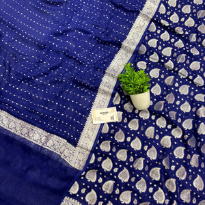 Navy Blue Patta Handloom Georgette Silk Banarasi Suit