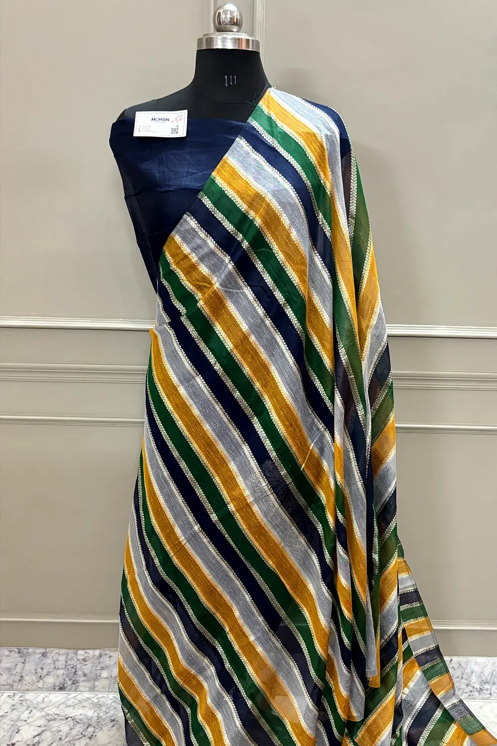 Navy Blue and Multi Resham Zari Cotton Silk Banarasi Saree