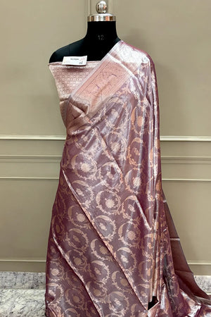 Onion Pink Golden Zari Tissue Silk Banarasi Saree
