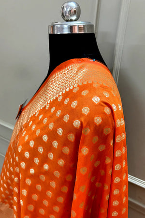 Orange Golden Zari Katan Silk Banarasi Dupatta