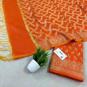 Orange Golden Zari Resham Silk Banarasi Suit