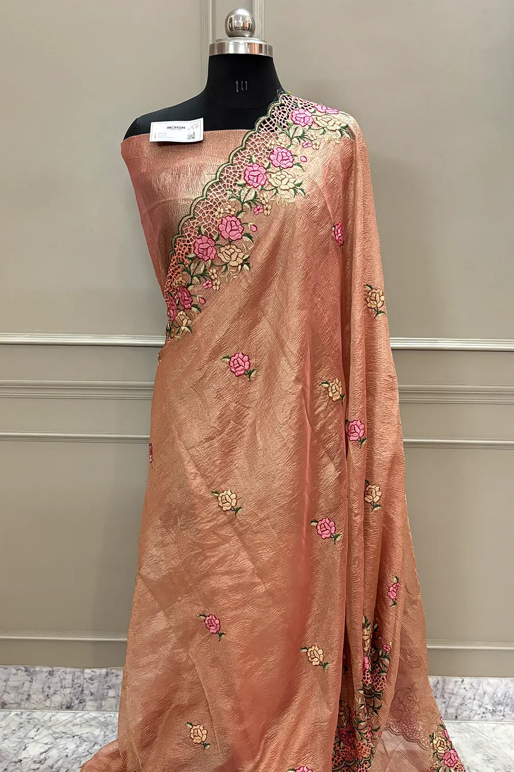 Peach Crush Embroidery Tissue Silk Banarasi Saree