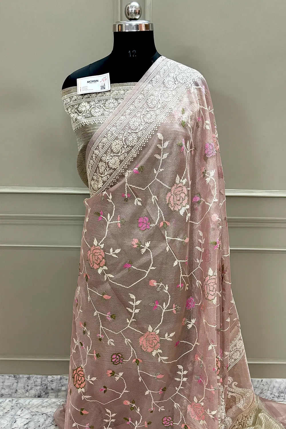 Peach Embroidery Tissue Silk Banarasi Saree