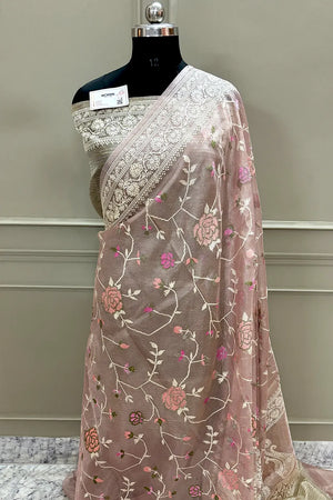 Peach Embroidery Tissue Silk Banarasi Saree