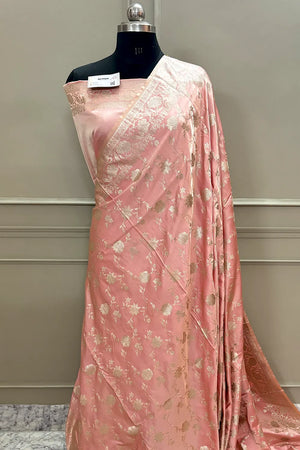 Peach Kesari Jaal Katan Silk Banarasi Saree