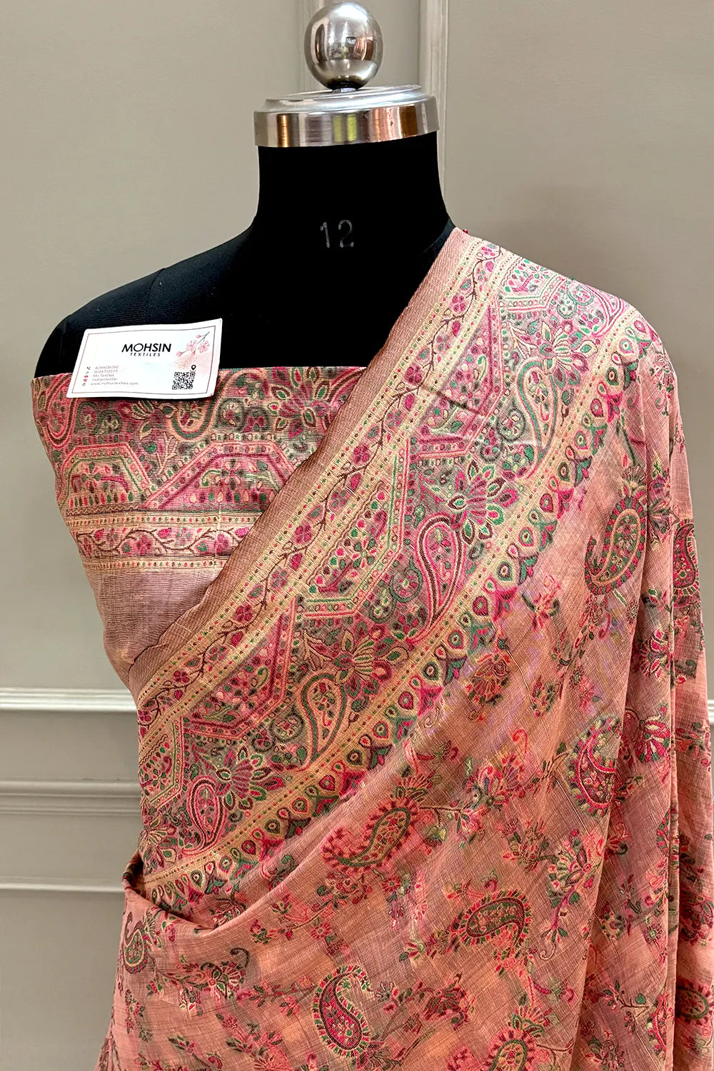Peach Printed Linen Silk Banarasi Saree