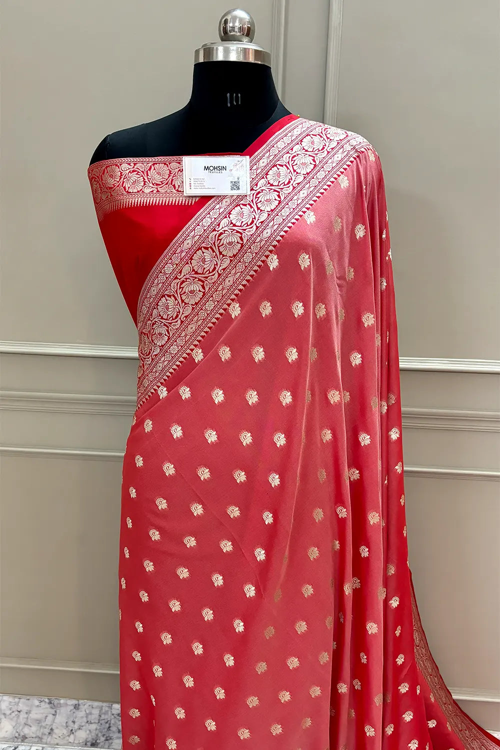 Peach and Red Ghonga Buti Katan Silk Banarasi Saree