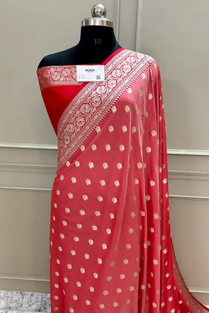 Peach and Red Ghonga Buti Katan Silk Banarasi Saree