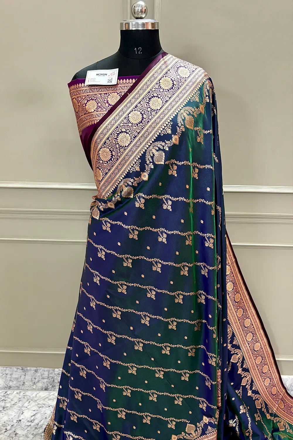 Peacock Blue and Purple Golden Zari Katan Silk Banarasi Saree