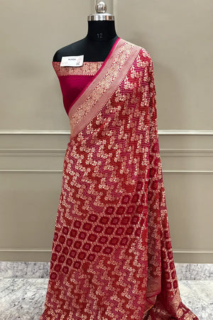 Pink Bandhej Georgette Silk Banarasi Saree