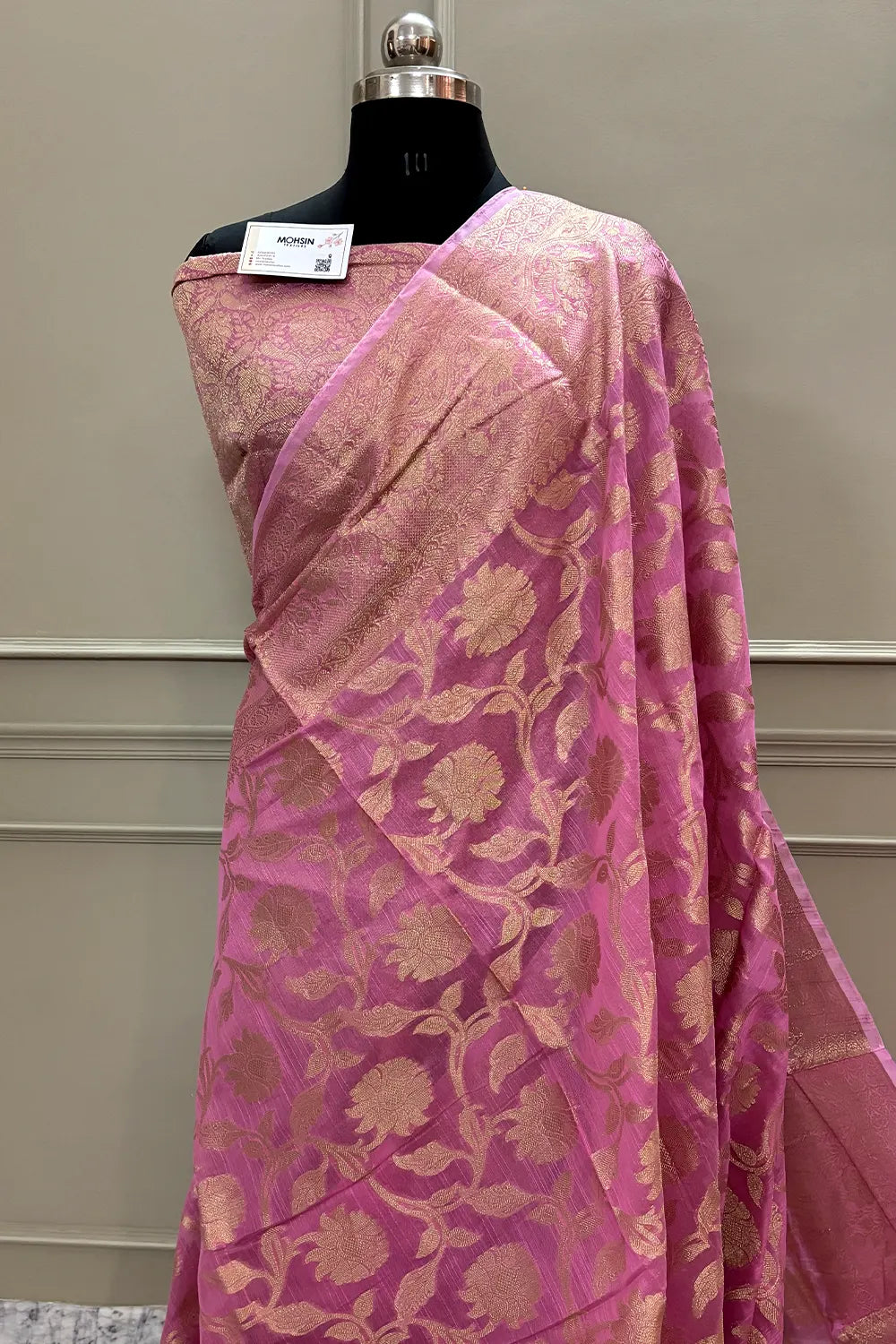 Pink Golden Zari Chanderi Silk Banarasi Saree