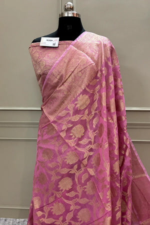 Pink Golden Zari Chanderi Silk Banarasi Saree