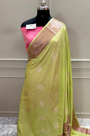 Pista and Pink Golden Zari Banarasi Silk Saree