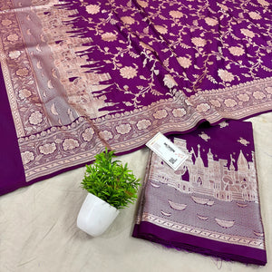 Purple Ganga Ghat Katan Silk Banarasi Suit
