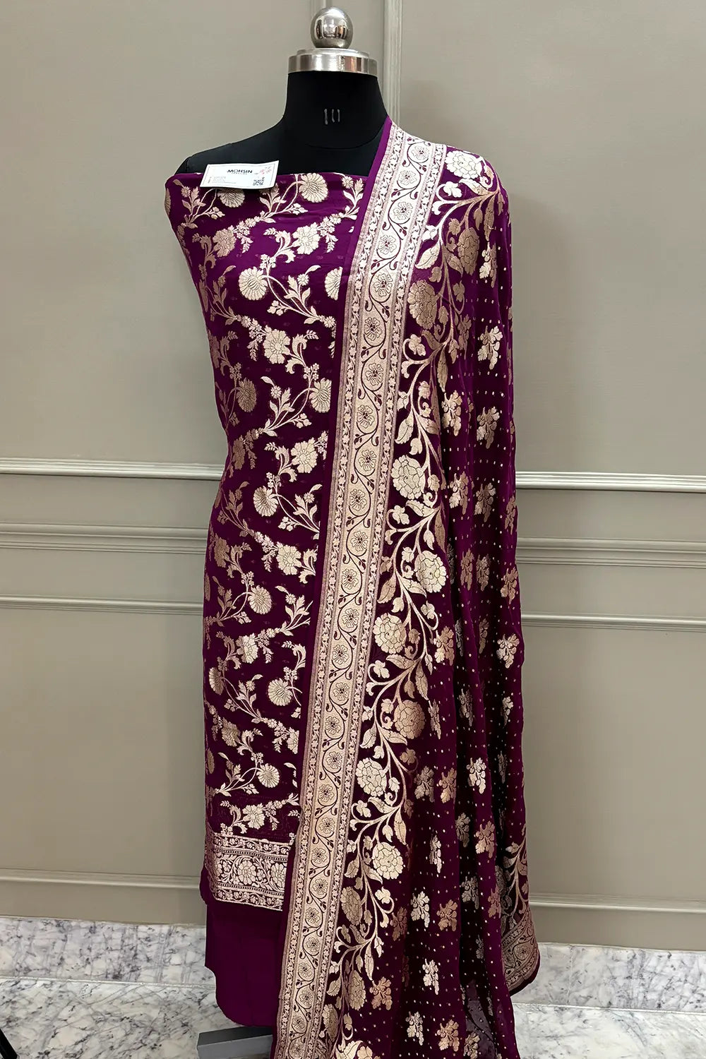 Purple Golden Zari Pure Georgette Silk Banarasi Suit