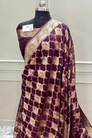Purple Golden Zari Organza Silk Banarasi Saree