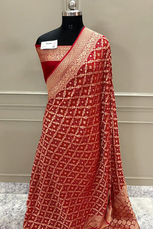 Red Bandhej Georgette Silk Banarasi Saree