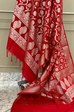 Red Golden Zari Katan Silk Banarasi Dupatta