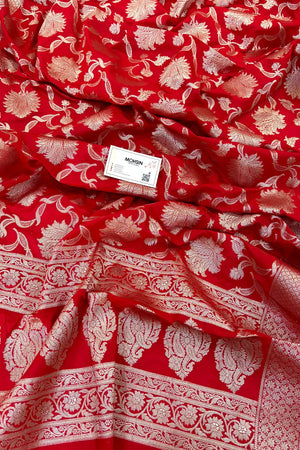 Red Golden Zari Katan Silk Banarasi Dupatta