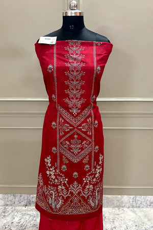 Red Printed Cotton Silk Banarasi Suit
