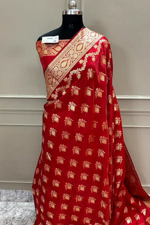 Red Ruby Buti Katan Silk Banarasi Saree