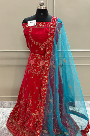 Red and Firozi Zariwork Semi Stitched Velvet Lahenga