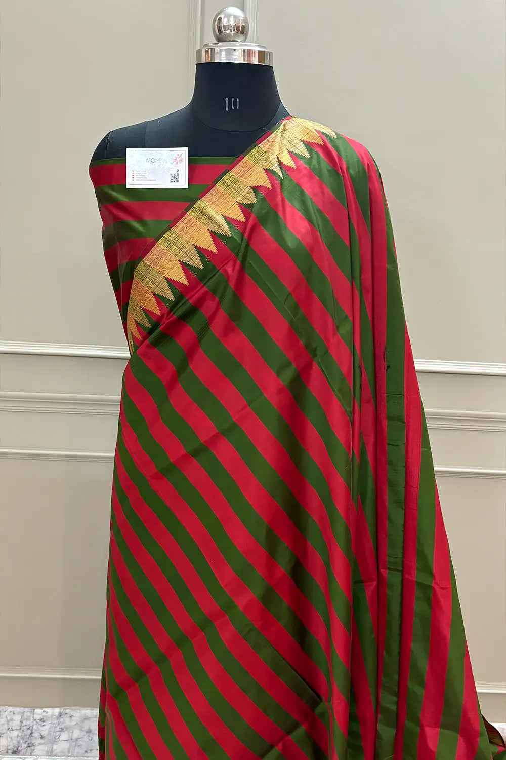 Red and Green Stripe Plain Satin Silk Banarasi Saree