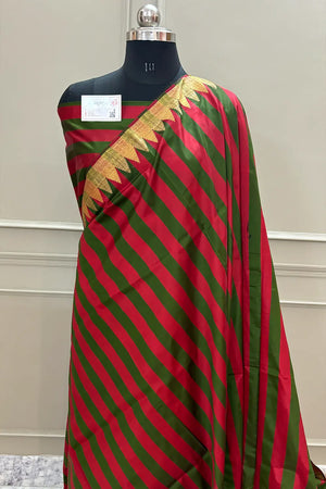 Red and Green Stripe Plain Satin Silk Banarasi Saree
