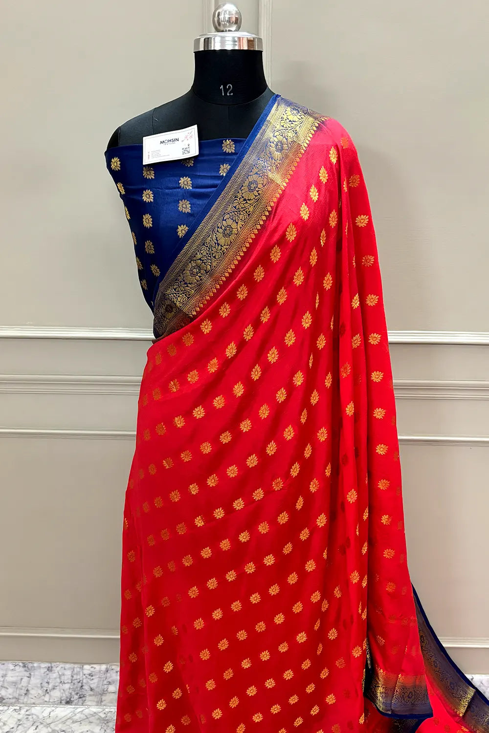 Red and Navy Blue Golden Zari Silky Banarasi Saree
