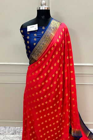 Red and Navy Blue Golden Zari Silky Banarasi Saree